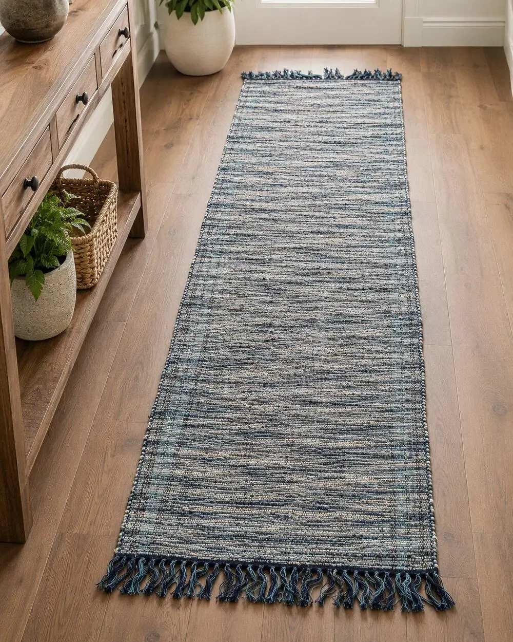 Denim Blue Woven Rag Rug Runner Farmhouse Boho Fringe Reversible 90x24